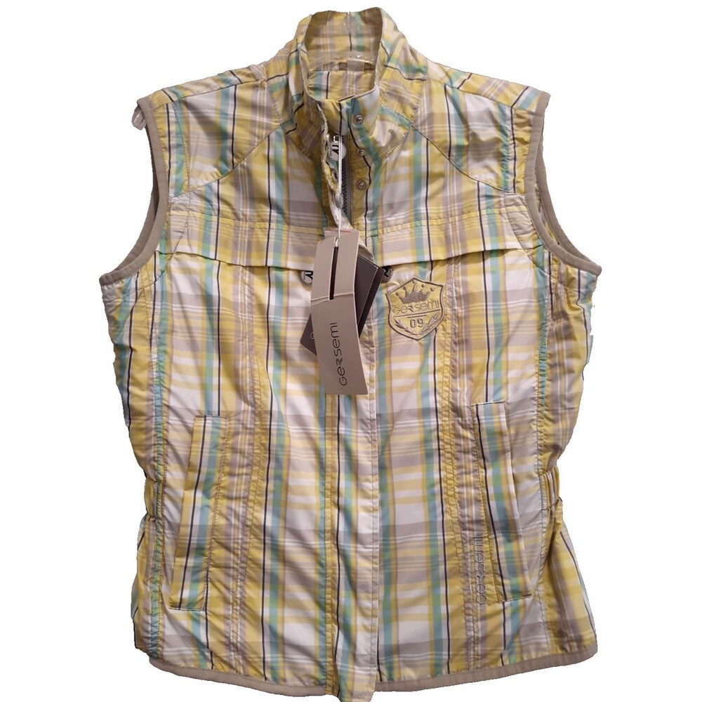 NWT GERSEMI Adele EQUESTRIAN plaid vest Medium Green Yellow Green White Grey